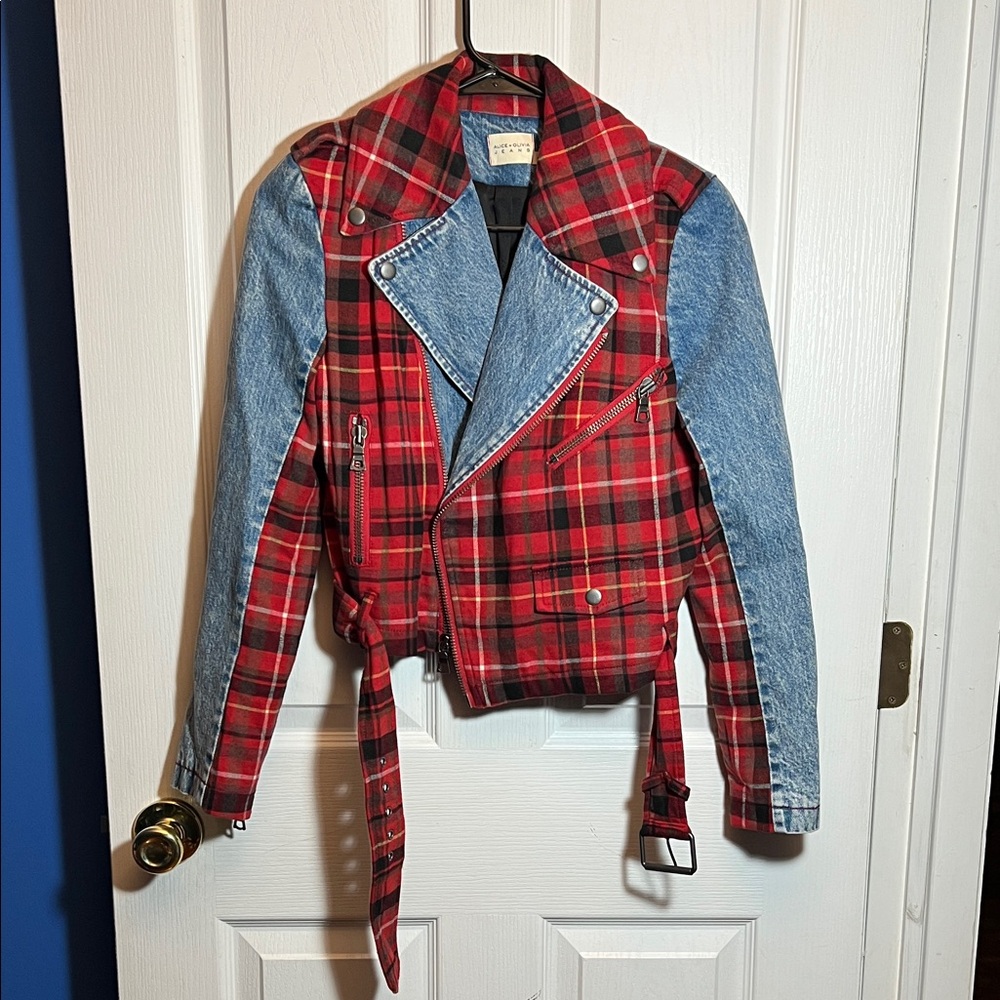 Alice + Olivia - Cody Checked Flannel And Denim Biker Jacket - Picture 3 of 10